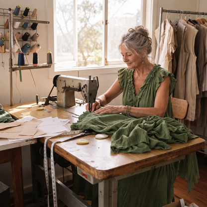 Bondi Chiara Maxi Dress in moss green being finished at the sewing table