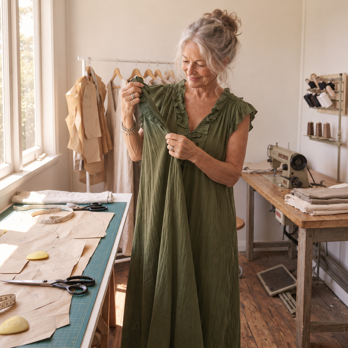 Bondi Chiara Maxi Dress in moss green held up to show its full length