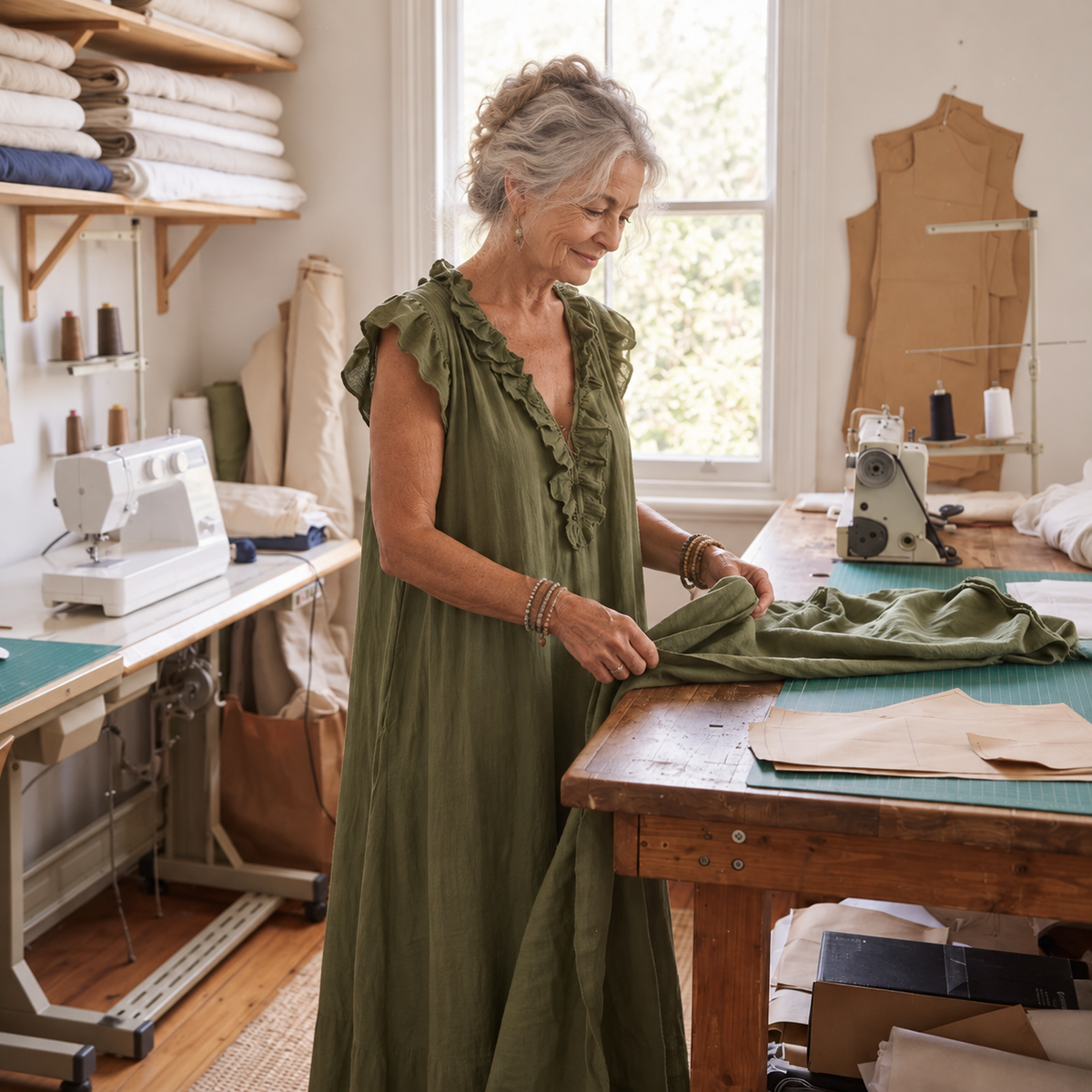 Bondi Chiara Maxi Dress in moss green, side view of the loose tiered shape
