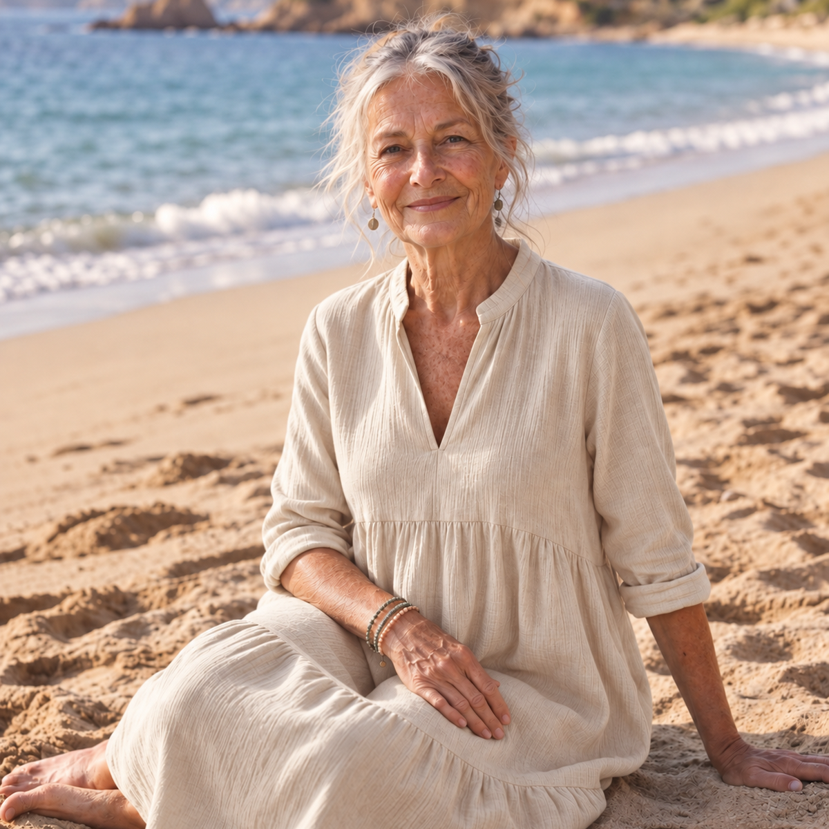 Lorne Elena Midi Dress in natural sand with notched V-neck, seated on the beach