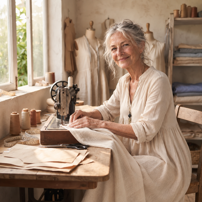 Lorne Elena Midi Dress in natural sand being sewn in the studio