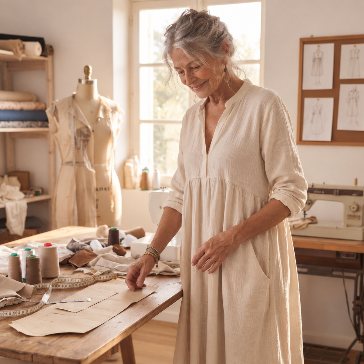 Lorne Elena Midi Dress in natural sand, full view with three-quarter sleeves and side pockets