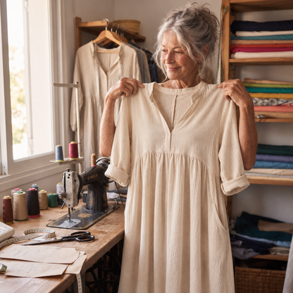 Lorne Elena Midi Dress in natural sand held up to show the neckline and gathered seam