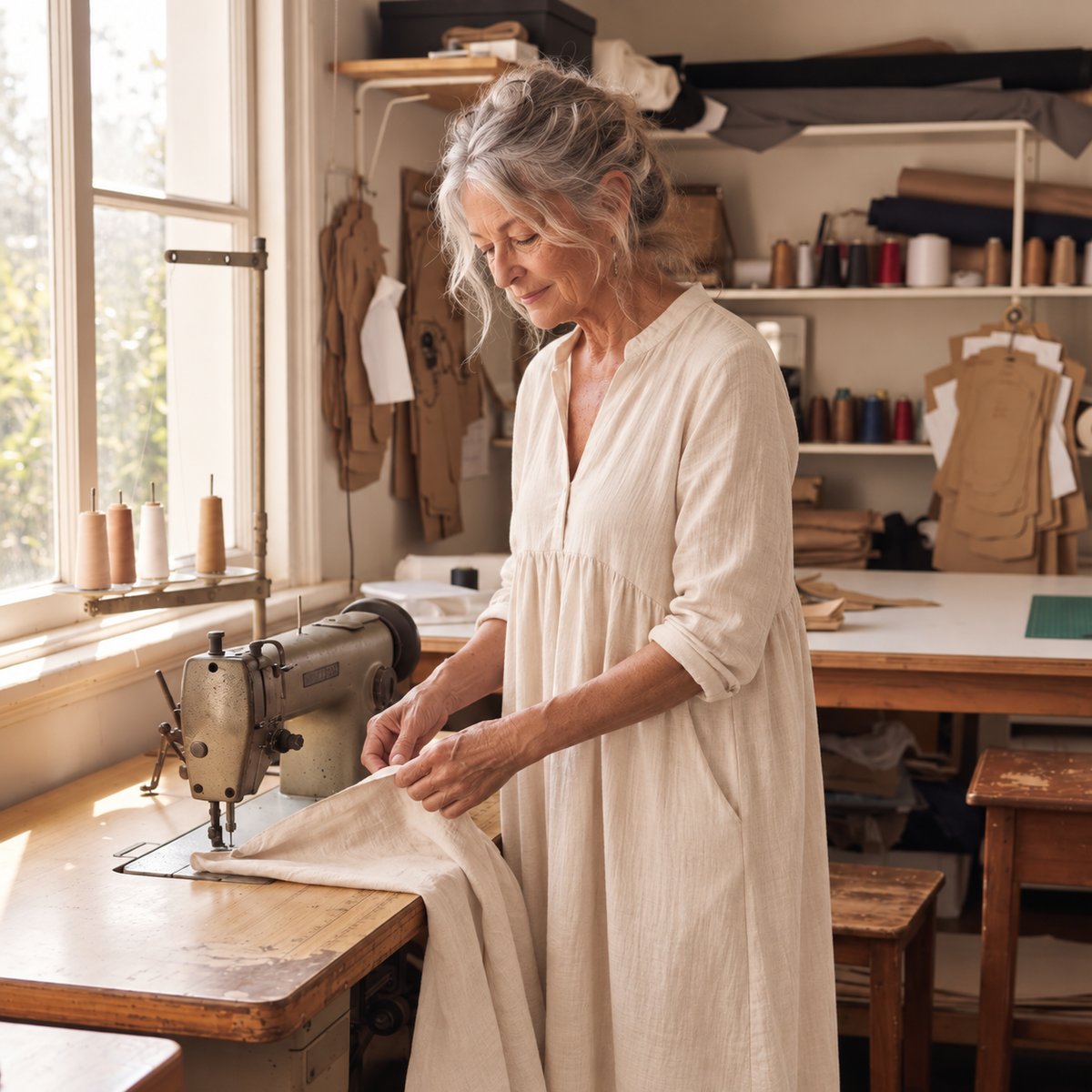 Lorne Elena Midi Dress in natural sand, side view in the studio
