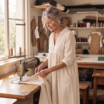 Lorne Elena Midi Dress in natural sand, side view in the studio
